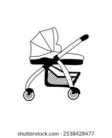 Baby carriage with stroller - black and white background illustration for coloring