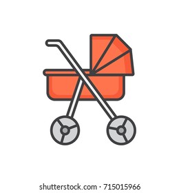 Baby carriage, stroller colored flat line icon.