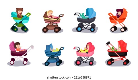 Baby Carriage and Stroller with Cute Toddlers Sitting Inside Vector Set