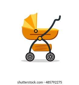 Baby Carriage Stroller. Flat Design Style icon. Orange baby's pram. Child Transport. Vector illustration for child's born card.