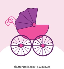 Baby carriage stroller. Flat design style icon. Pink baby's pram. Child transport. 
Vector illustration for child's born card.