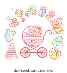 Baby in carriage. Baby stroller and kid's objects around. Happy baby girl with bow in stroller. Smiling child sitting in carriage. Color vector illustration.