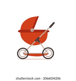 Baby Carriage Stroller. Textured Red baby's pram. Cute Child Transport. Vector flat hand drawn illustration for child's born card. Side view