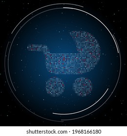 The baby carriage symbol filled with white dots. Pointillism style. Some dots is red. Vector illustration on blue background with stars