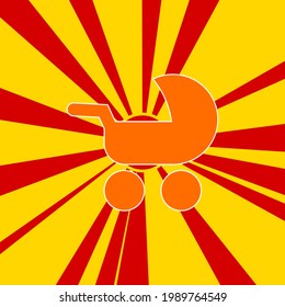 Baby carriage symbol on a background of red flash explosion radial lines. The large orange symbol is located in the center of the sun, symbolizing the sunrise. Vector illustration on yellow background
