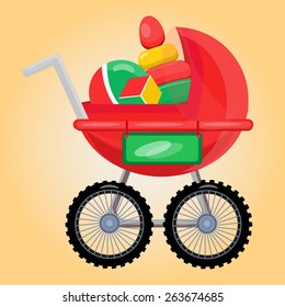 Baby carriage with toys. Present for first birthday party