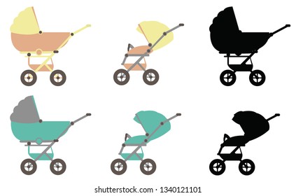 Baby carriage transformer. Color and black vector illustration on white isolated background.