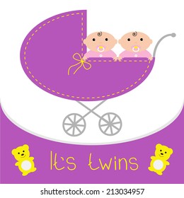Baby carriage. It's twins girls. Shower card. Flat design. Vector illustration