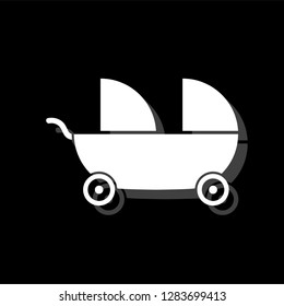 Baby carriage for two baby. White flat simple icon with shadow