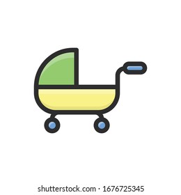 Baby Carriage vector filled color outline icon. 