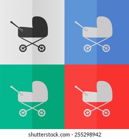 Baby carriage vector icon. Effect of folded paper. Colored (red, blue, green) illustrations. Flat design