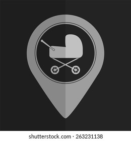 Baby carriage vector icon - map pointer. Flat design