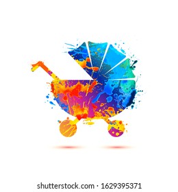Baby carriage vector icon. Watercolor splash paint
