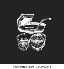 Baby carriage vector illustration on black background. Sketch drawing of pram.