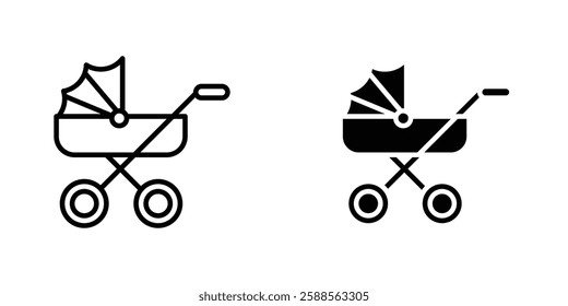 Baby carriage vectors icons set in filled and strokes on white background