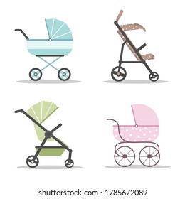 Baby carriages icon set. Colorful prams on white background. Vector illustrations in flat style.