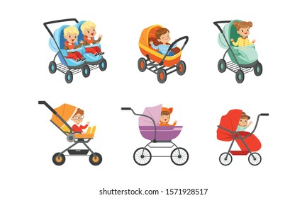 Baby Carriages with Kids Sitting Inside Vector Set