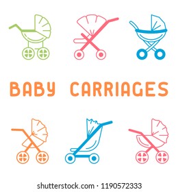 Baby carriages and strollers icons set. Linear style vector illustration