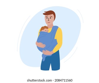 Baby carrier. Father holding newborn in sling. Happy man and child wrapped in babycarrier and sleeping. Vector flat illustration.