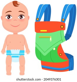 Baby carrier glyph, colorful bag. Baby in diaper near backpack for carrying children. Sling, backpack with pocket and long shoulder straps. Convenient accessory for mother to carry little child