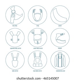 Baby carrier line icons set. Different types: ring sling, ergonomic baby carrier, wrap, pouch, asian baby carrier, japanese baby carrier, hipseat, baby wearing coat.