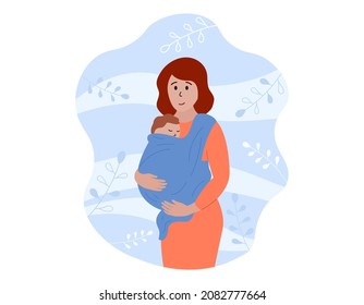 Baby carrier. Mother holding newborn in sling. Child is wrapped in babycarrier and sleeping. Vector flat illustration.
