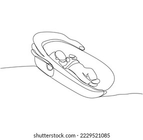 Baby in a carrier one line art. Continuous line drawing of child, childhood, boy, girl, safety, protection, car, transportation, swaddling, warmth.