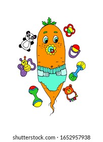 A baby carrot in a diaper sucks a pacifier, baby toys, rattles, a panda, a bear, a butterfly. Funny kids illustrations. Drawing for a cartoon, books, wall painting in a children's room. Vector