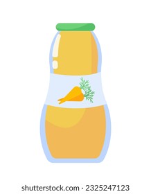 Baby carrot juice sticker concept. Sweet drink for toddlers. Tasty and healthy drink and beverage. Template, layout and mock up. Cartoon flat vector illustration isolated on white background