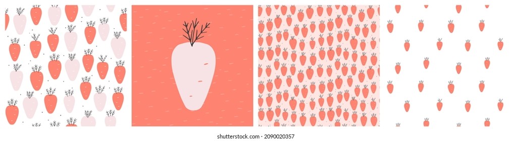 Baby carrot seamless pattern set in pastel orange and white colours. Vegetable background for poster or clothing accent image and coordinating repeat print.