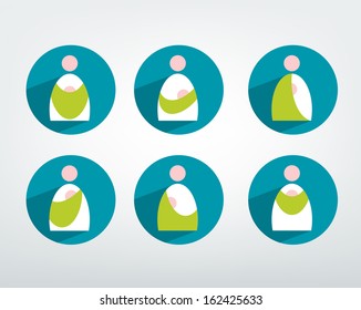  Baby carry in bag icon set. Alternative baby wearing sign shape.