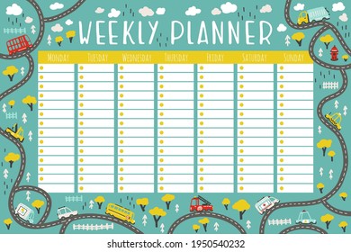 Baby Cars. Planner for a week with city roads. Vector colorful illustration in simple Scandinavian cartoon style. The limited palette is ideal for a child's school schedule