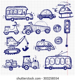baby cars set. funny baby toys. vector doodle collection of hand drawn icons transport for baby 
