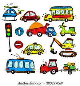 baby cars set. funny baby toys. vector doodle collection of hand drawn icons transport for baby 