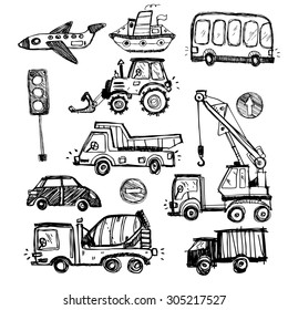 baby cars set. funny baby toys. vector doodle collection of hand drawn icons transport for baby 
