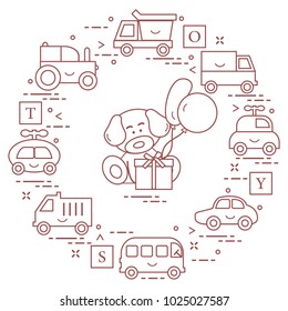 Baby cars, trucks, bus, tractor, cubes, puppy, gift, balloons. Design for poster or print.