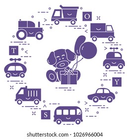 Baby cars, trucks, bus, tractor, cubes, puppy, gift, balloons. Design for poster or print.