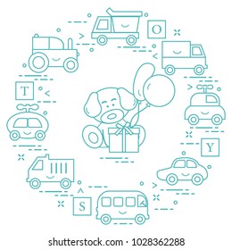 Baby cars, trucks, bus, tractor, cubes, puppy, gift, balloons. Design for poster or print.