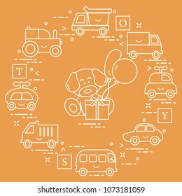 Baby cars, trucks, bus, tractor, cubes, puppy, gift, balloons. Design for poster or print.