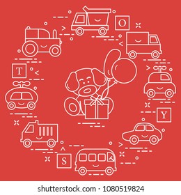 Baby cars, trucks, bus, tractor, cubes, puppy, gift, balloons. Design for poster or print.