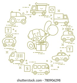 Baby cars, trucks, bus, tractor, cubes, puppy, gift, balloons. Design for poster or print.