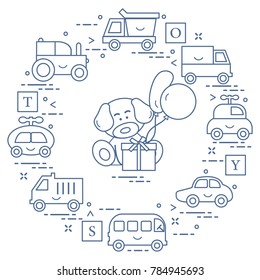 Baby cars, trucks, bus, tractor, cubes, puppy, gift, balloons. Design for poster or print.