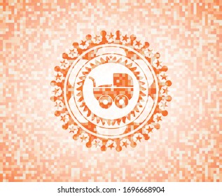 baby cart icon inside abstract emblem, orange mosaic background