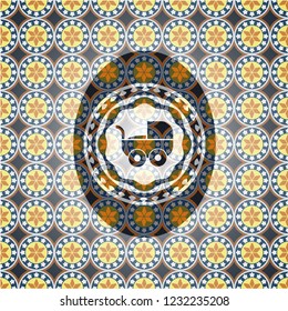 baby cart icon inside arabic badge background. Arabesque decoration.