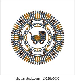 baby cart icon inside arabic badge background. Arabesque decoration.