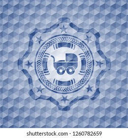 baby cart icon inside blue hexagon badge.