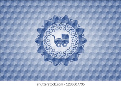 baby cart icon inside blue badge with geometric pattern.