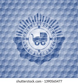 baby cart icon inside blue emblem with geometric background.