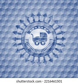 baby cart icon inside blue emblem or badge with abstract geometric polygonal pattern background. 