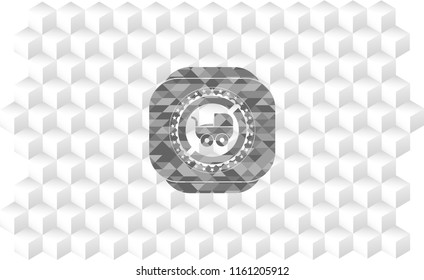 baby cart icon inside grey emblem with geometric cube white background